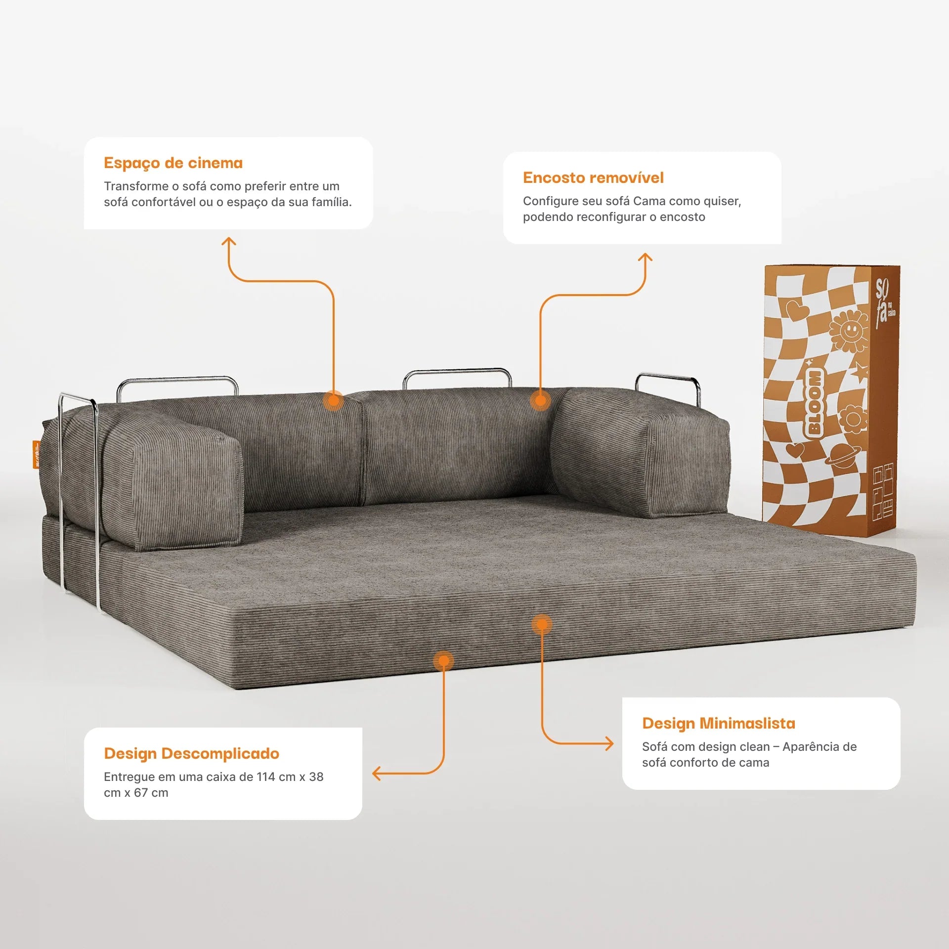 Sofá na Caixa Bloom Sofa Cama Corduroy - Cinza