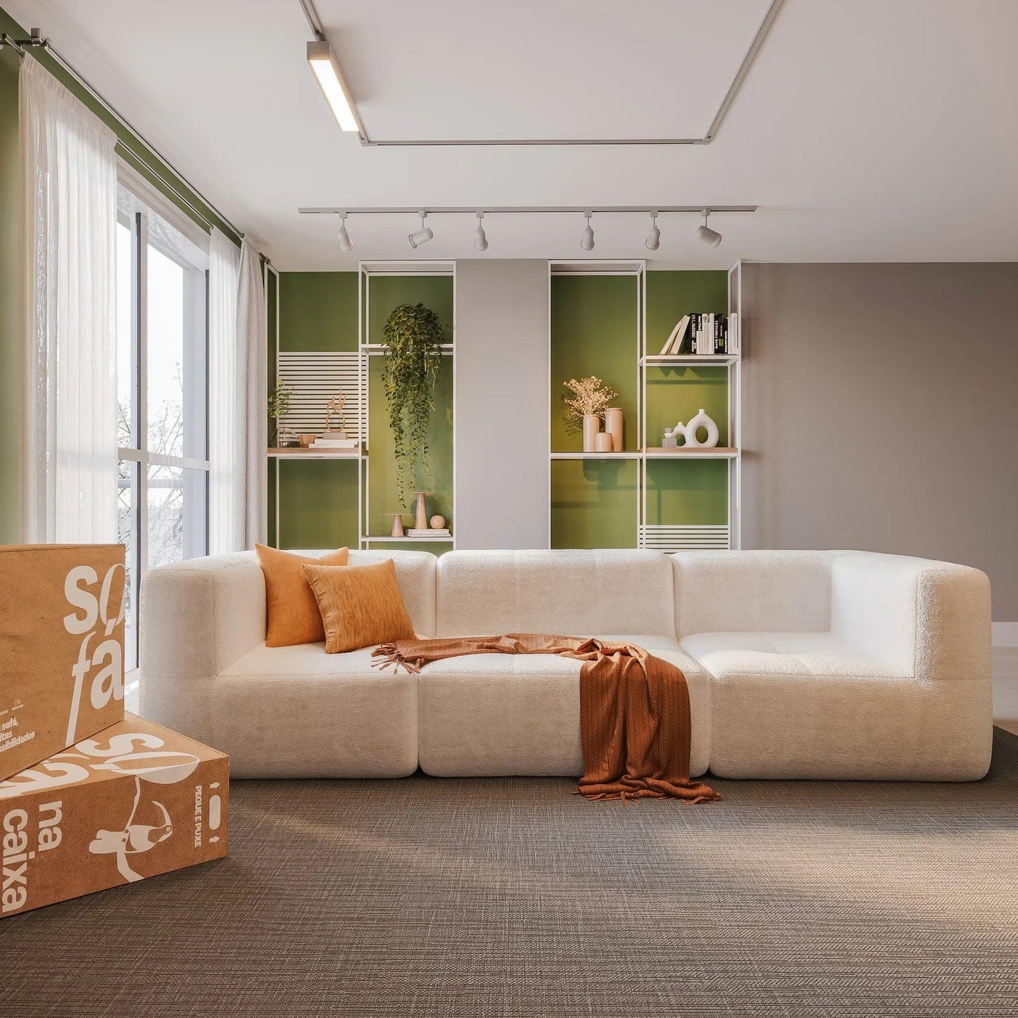 Sofá na Caixa modular 3 lugares 2 braços em Boucle - Linen