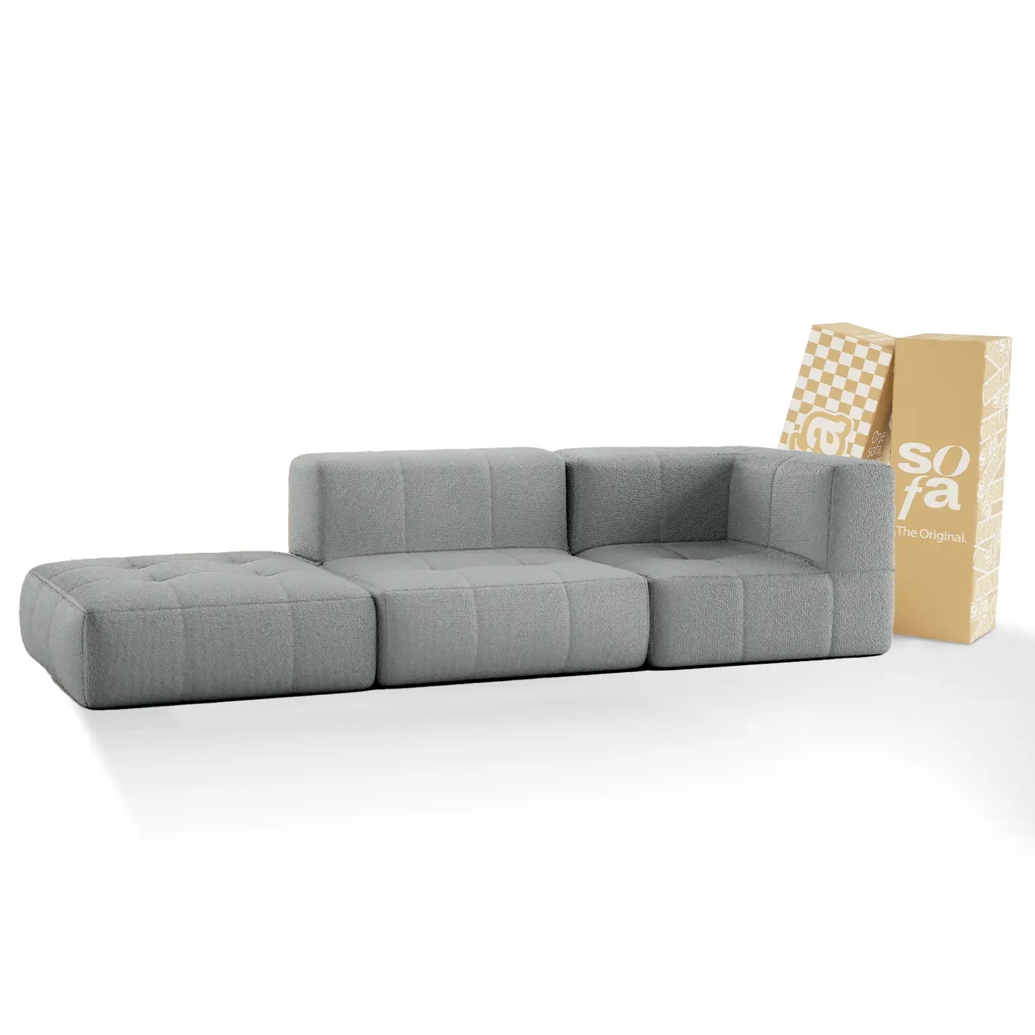 Sofá na Caixa modular 2-lugares em Bouclé 1 braço com Chaise - Cinza