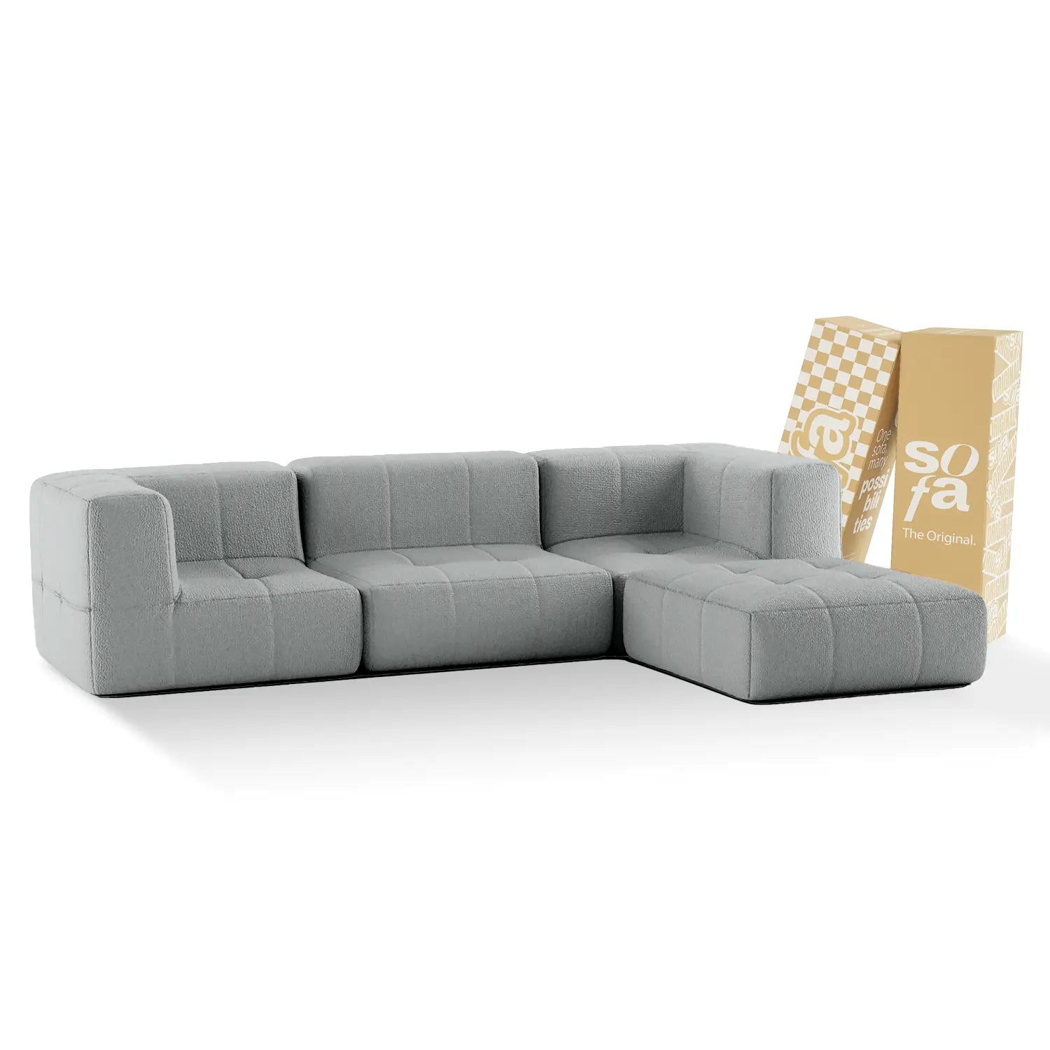 Sofá na Caixa modular 3-lugares em Bouclé 2 braço com Chaise - Cinza